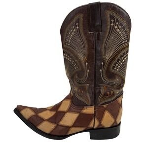Vintage 90's Grayson Mexican Leather Boots Ostrich Patchwork Embroidered Pointed